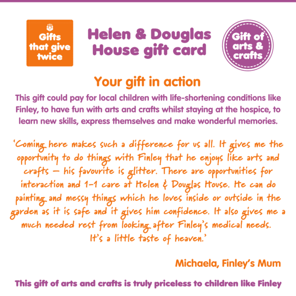 A graphic explaining the benefits of 'Gift of arts and crafts', part of Charity Gift Cards
