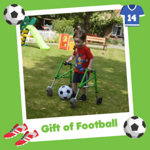 'Gift of football' graphic showing a disabled boy playing football, part of Charity Gift Cards