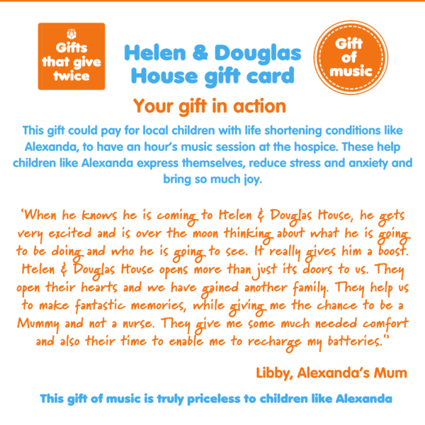 A graphic explaining the benefits of 'Gift of a music', part of Charity Gift Cards