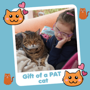 'Gift of a PAT cat' graphic showing a girl with a therapy cat, part of Charity Gift Cards