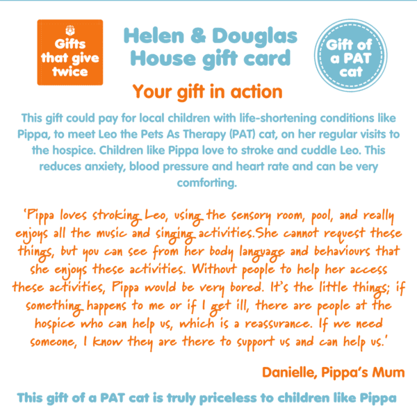 A graphic explaining the benefits of 'Gift of a PAT cat', part of Charity Gift Cards