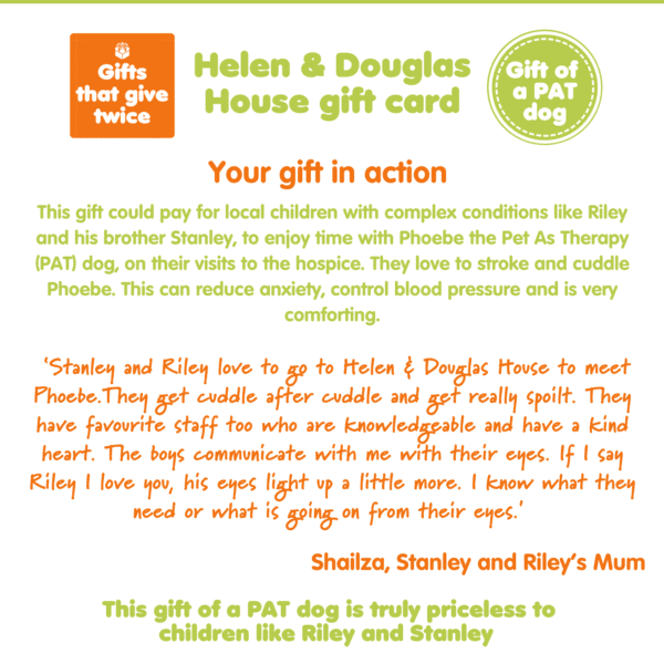 A graphic explaining the benefits of 'Gift of a PAT dog', part of Charity Gift Cards