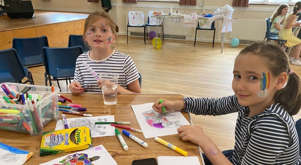 Two girls making crafts with colouring pens