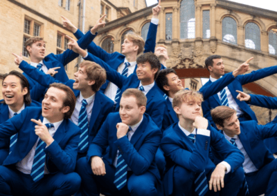 A photo of a group of boys from Out of The Blue band posting outside the Bridge of Sighs