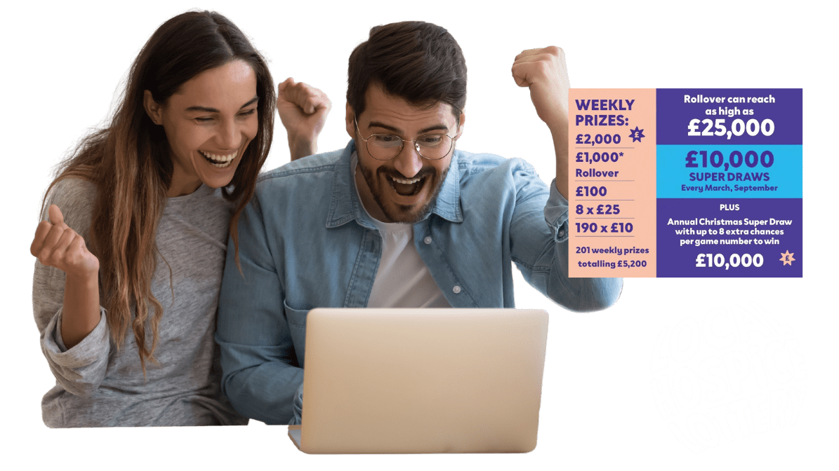 cheerful couple looking at the laptop screen for a lottery win 