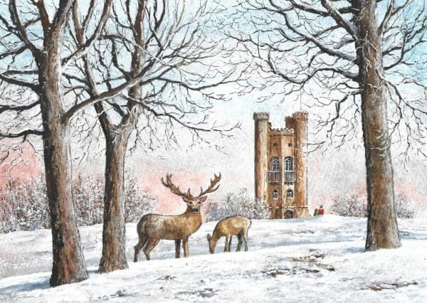 Broadway Tower, a winter view of the Broadway Tower in the Cotswolds - Helen & Douglas House Charity Christmas cards