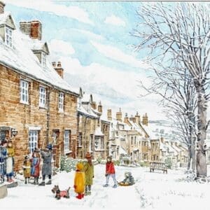 Burford in Winter, a view looking down the High Street in Burford, Oxfordshire - Helen & Douglas House Charity Christmas cards