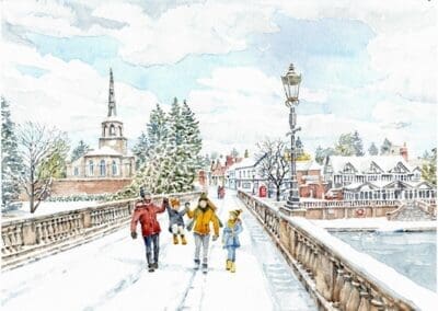 Wallingford in Winter, a view looking towards town from the bridge - Helen & Douglas House Charity Christmas cards