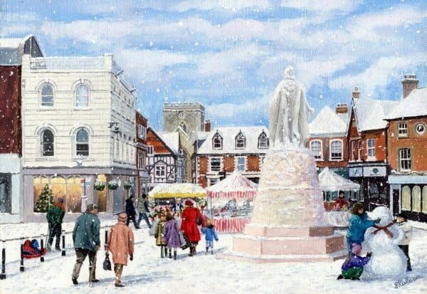 Wantage Market Place in Winter, a view of Wantage Town Centre looking to the west of the market place - Helen & Douglas House Charity Christmas cards