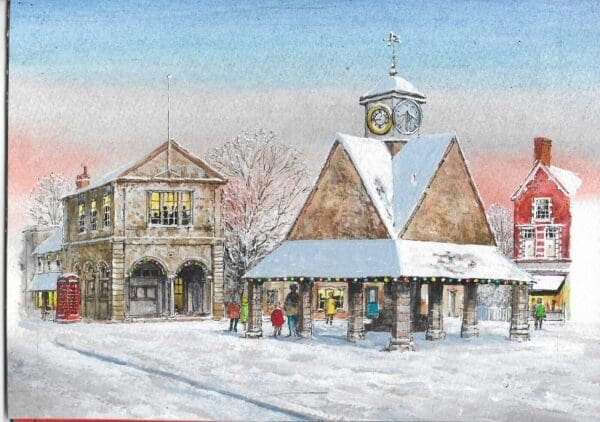 Witney in Winter, a view of the Buttercross - Helen & Douglas House Charity Christmas cards